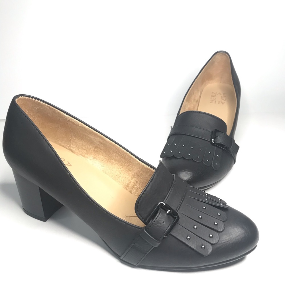 Naturalizer "Myrle" Wide Black Fringe Buckle Heels